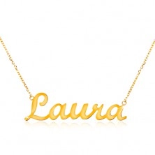 Nyaklánc sárga 14K aranyból - vékony csillogó lánc, fényes Laura felirat