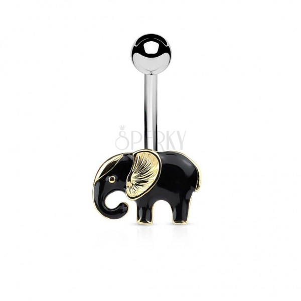 Köldökpiercing sebészeti acélból, elefánt fekete-arany színkombinációban
