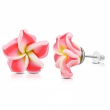 FIMO fülbevaló, virág sárga középpel és neon rózsaszín szirmokkal