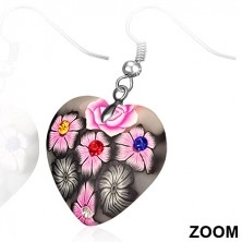 FIMO fülbevaló horgokon, szürke szív rózsaszín virágokkal és cirkóniákkal
