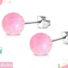 Beszúrós acél fülbevaló, világos rózsaszín akrilgolyó csillámporral