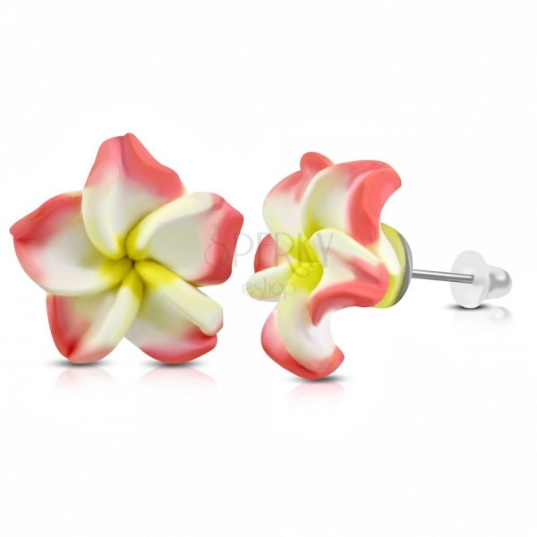 FIMO fülbevaló, rózsaszín-fehér virág sárga középpel, stekkerek