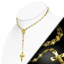 Acél nyaklánc arany színben - Szűz Máriát ábrázoló medalionnal és kereszttel