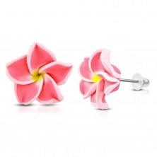 FIMO fülbevaló, virág neon rózsaszín szirmokkal és sárga középpel