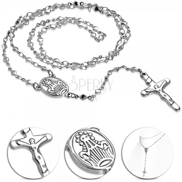 Acél nyaklánc ezüst színben Szűz Mária medalionnal és kereszttel