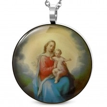 Kerek medál 316L acélból, Szűz Mária gyermekkel a karján, fénymáz