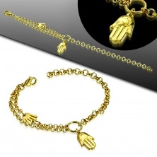 Acél karkötő arany színben, két Fatima kéz, kör és kettős lánc
