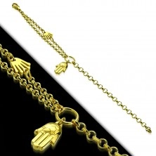 Acél karkötő arany színben, két Fatima kéz, kör és kettős lánc