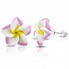 FIMO fülbevaló, fehér virág rózsaszínű szegéllyel és sárga középpel, stekkerek