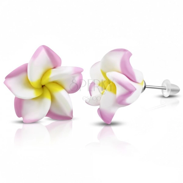 FIMO fülbevaló, fehér virág rózsaszínű szegéllyel és sárga középpel, stekkerek