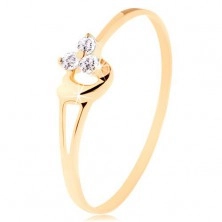 Gyűrű sárga 14K aranyból - három gyémánt enyhén rózsaszín árnyalatban, szív