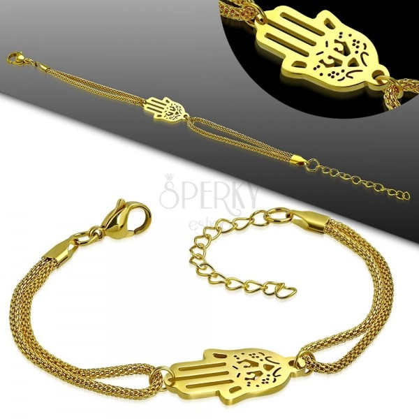 Karkötő sebészeti acélból arany árnyalatban, Hamsa kéz és kettős lánc