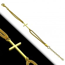 Acél karkötő arany színben, fényes Latin kereszt és kettős lánc