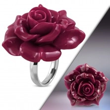 Gyűrű 316L acélból - nagy rózsaszín-lila színű nyíló rózsa gyantából