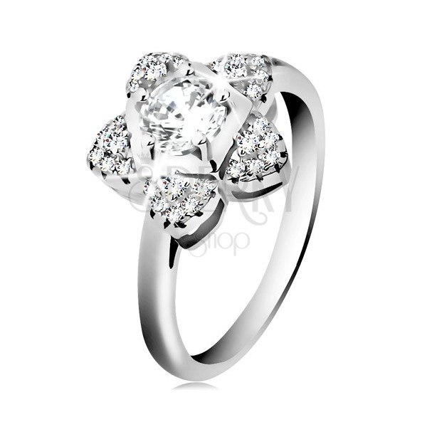 Eljegyzési gyűrű, 925 ezüst, csillogó cirkóniás virág átlátszó színben