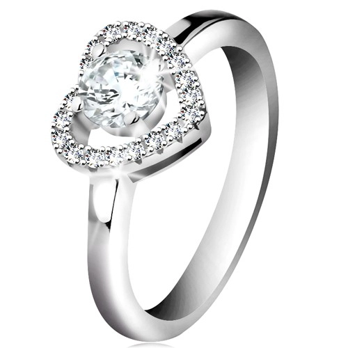 Ródiumozott gyűrű, 925 ezüst, csillogó szív körvonal és kerek átlátszó cirkónia - Nagyság: 47