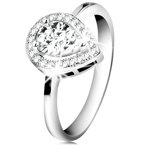 Ródiumozott gyűrű, 925 ezüst, átlátszó cirkóniás könnycsepp csillogó körvonalban - Nagyság: 55