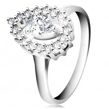 925 ezüst gyűrű, nagy fordított csepp körvonala átlátszó könnycseppel