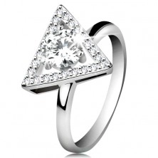 925 ezüst gyűrű - cirkóniás háromszög alakú körvonal, kerek átlátszó cirkónia középen