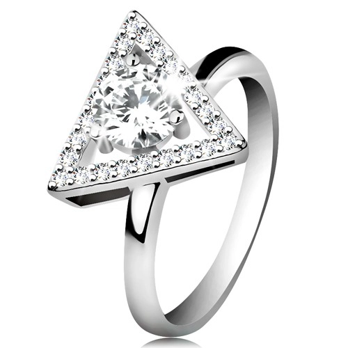 925 ezüst gyűrű - cirkóniás háromszög alakú körvonal, kerek átlátszó cirkónia középen - Nagyság: 56