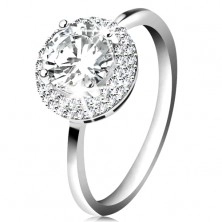 Ródiumozott gyűrű, 925 ezüst, kerek átlátszó cirkónia, csillogó szegély