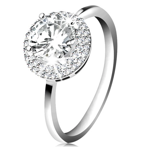 Ródiumozott gyűrű, 925 ezüst, kerek átlátszó cirkónia, csillogó szegély - Nagyság: 49
