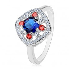 925 ezüst gyűrű, sötétkék közép, átlátszó és piros cirkóniák