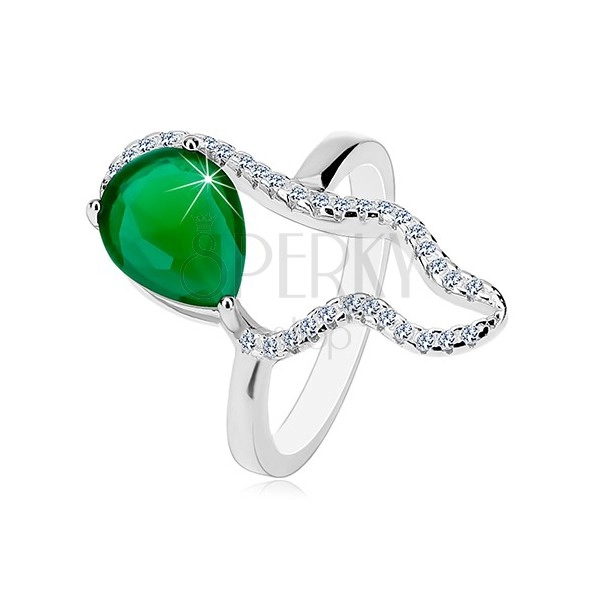 925 ezüst gyűrű - nagy zöld könnycsepp alakú cirkónia, átlátszó aszimmetrikus körvonal