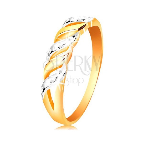 585 arany gyűrű - hullámok fehér és sárga aranyból, csillogó bemetszések
