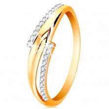 14K arany gyűrű, hullámos kétszínű szárak, átlátszó cirkóniás vonalak