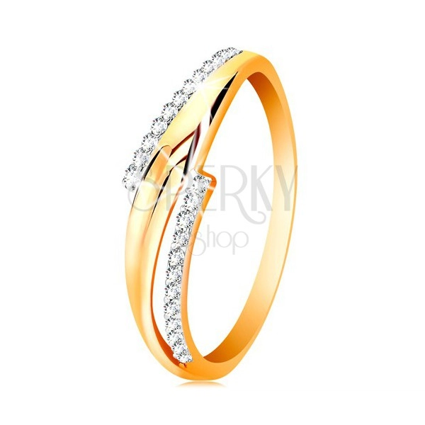 14K arany gyűrű, hullámos kétszínű szárak, átlátszó cirkóniás vonalak