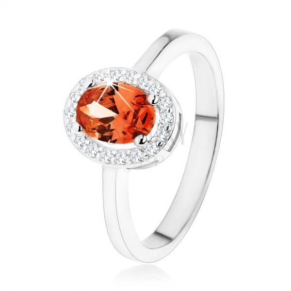 925 ezüst gyűrű, sötét narancssárga ovális cirkónia, átlátszó csillogó szegély