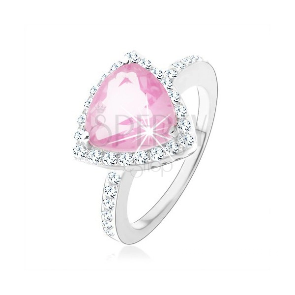 925 ezüst gyűrű, háromszög alakú rózsaszín cirkónia, csillogó átlátszó szegély