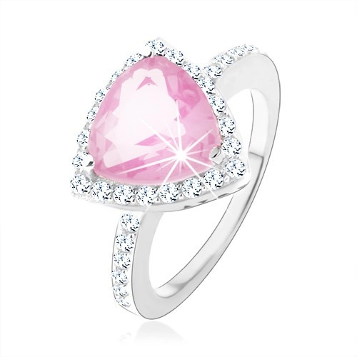 925 ezüst gyűrű, háromszög alakú rózsaszín cirkónia, csillogó átlátszó szegély - Nagyság: 54
