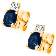 Fülbevaló sárga 14K aranyból - csillogó átlátszó gyémánt és ovális kék színű zafír
