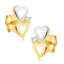 14K arany fülbevaló - kétszínű szív körvonalak, csillogó átlátszó gyémánt