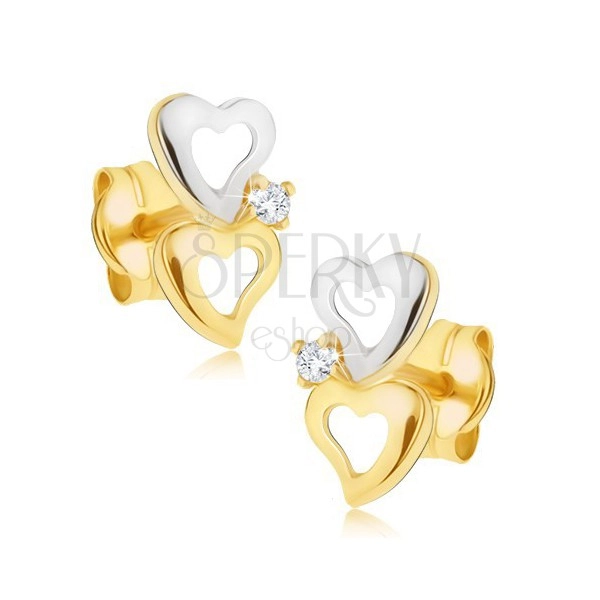 14K arany fülbevaló - kétszínű szív körvonalak, csillogó átlátszó gyémánt