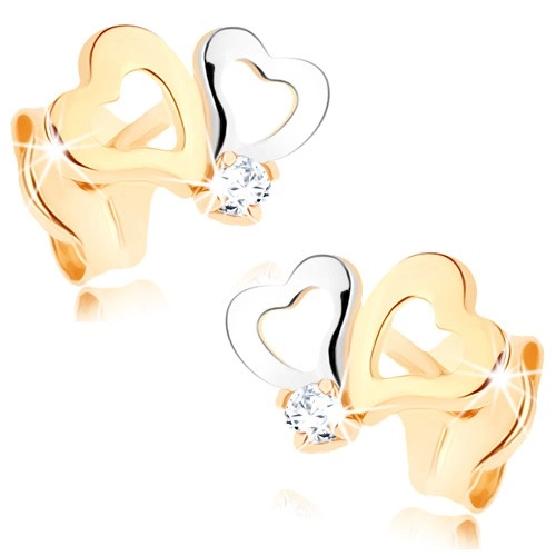 Gyémánt 585 arany fülbevaló - kétszínű szív körvonalak, átlátszó briliáns