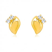 Gyémánt fülbevaló sárga 14K aranyból - két átlátszó briliáns, fényes levél