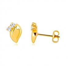 Gyémánt fülbevaló sárga 14K aranyból - két átlátszó briliáns, fényes levél