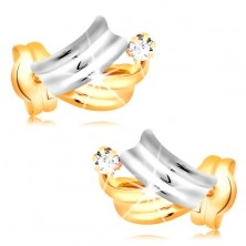 Briliáns 14K arany fülbevaló - fényes kétszínű ívek, átlátszó kerek gyémánt