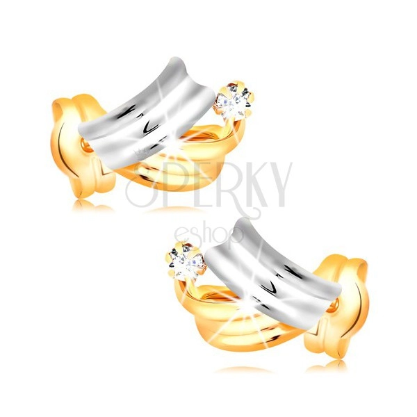 Briliáns 14K arany fülbevaló - fényes kétszínű ívek, átlátszó kerek gyémánt