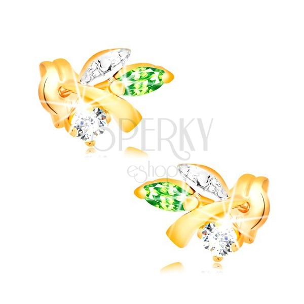 585 arany fülbevaló - ág levelekkel, zöld smaragd, átlátszó gyémánt
