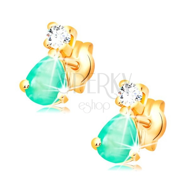 Fülbevaló sárga 14K aranyból - könnycsepp alakú zöld smaragd, kerek átlátszó gyémánt