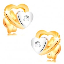 Briliáns fülbevaló 14K aranyból - két szív és csiszolt átlátszó gyémánt