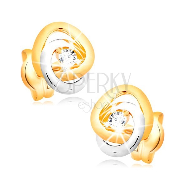 Fülbevaló 14K aranyból - kétszínű összekapcsolt karikák, csillogó átlátszó briliáns
