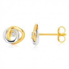 Fülbevaló 14K aranyból - kétszínű összekapcsolt karikák, csillogó átlátszó briliáns