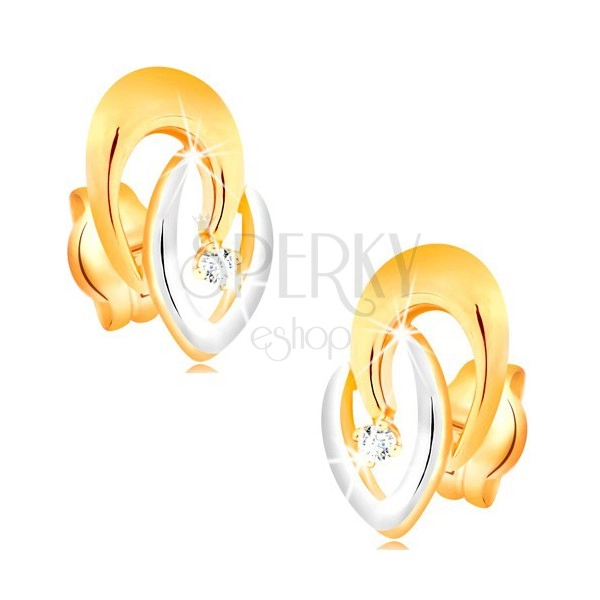Fülbevaló 14K aranyból - összekapcsolt kétszínű patkók és átlátszó csillogó briliáns
