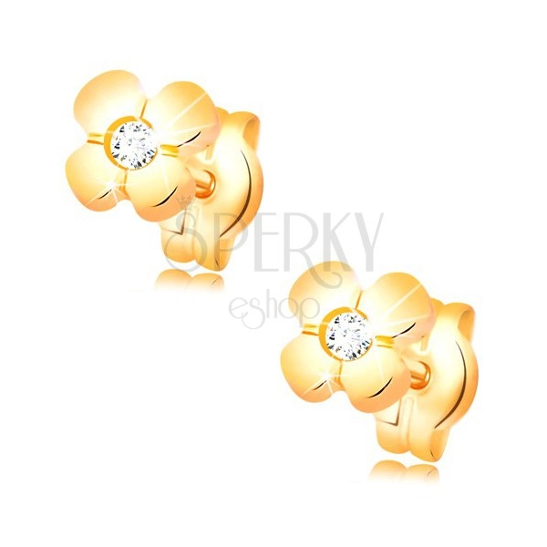 585 arany fülbevaló - fényes virág beültetett átlátszó gyémánttal középen