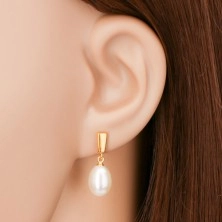 14K arany fülbevaló - függő ovális gyöngy fehér színben, fényes sáv
